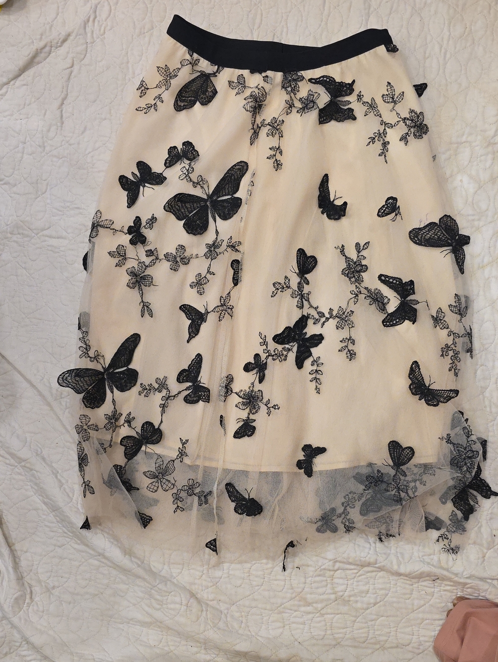 Chicwish Cream Tulle Midi Skirt with Black Butterfly Embroidery